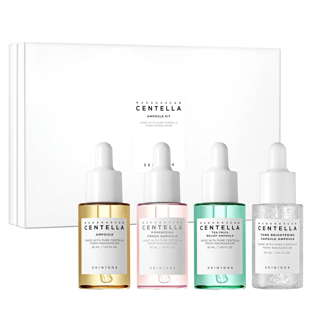 SKIN1004 Madagascar Centella Ampoule Kit, 4ea x 1.10 fl.oz, 30ml, Travel Size Face Serum Collection, Korean Skincare Set with Centella Ampoule and Hydrating Serum for Soothing Care, Korean Skin Care